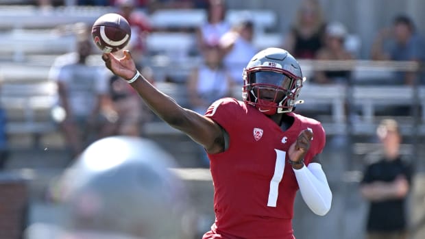 Sep 16, 2023; Pullman, Washington, USA; Washington State Cougars quarterback Cameron Ward (1) throws a pass against the Northern Colorado Bears in the first half at Gesa Field at Martin Stadium.